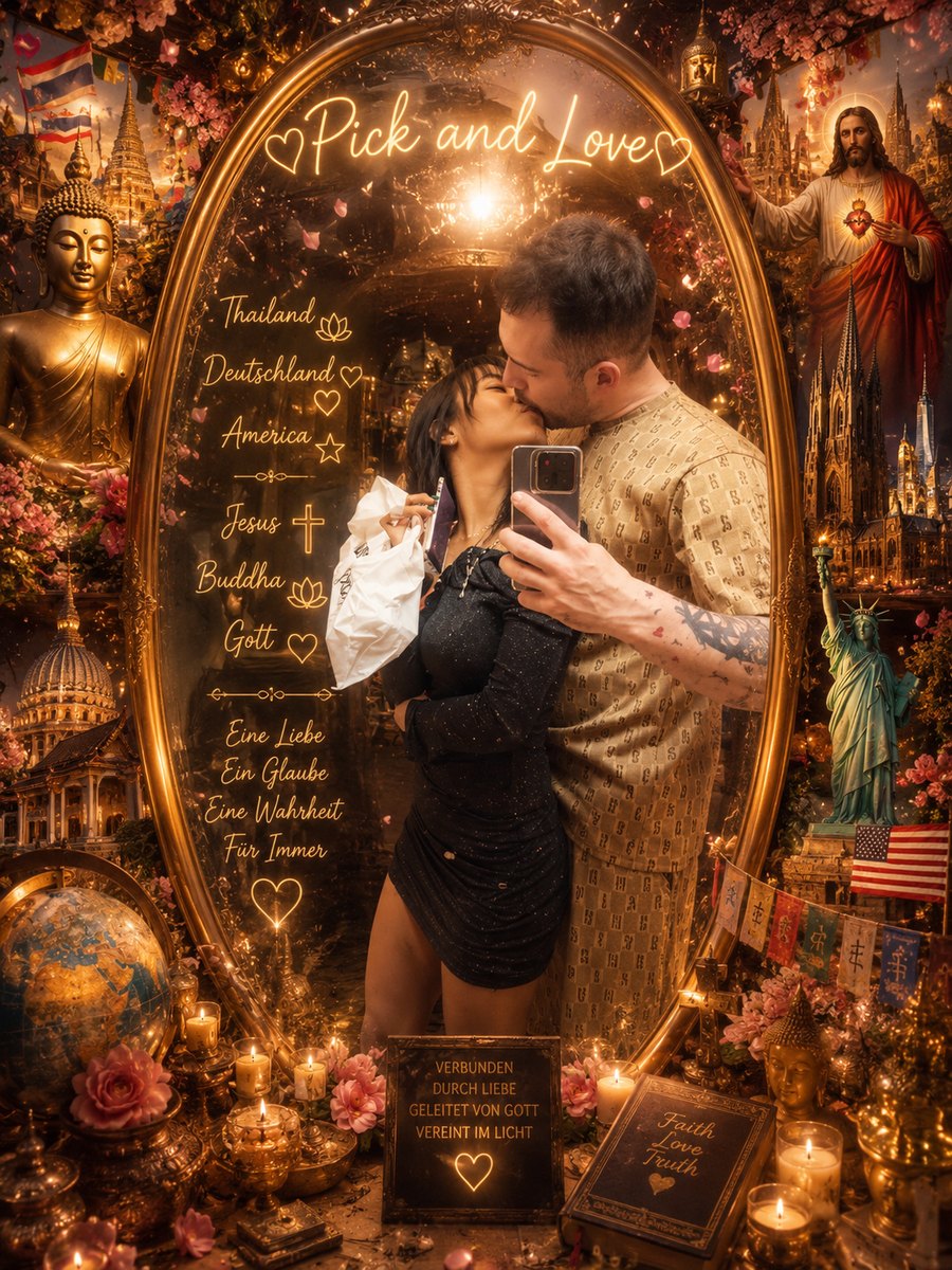 Mark and Nira in a golden Pattaya love mirror artwork